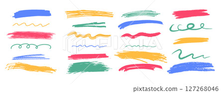 Colorful chalk underline and scrawl stroke set. Hand drawn pastel brush lines, wavy and curly underlines, crayon highlight elements. Vector illustration on white background. Colorful chalk underline and scrawl stroke set. Hand drawn pastel brush lines, wavy and curly underlines, crayon highlight elements. Vector illustration on white background. 127268046