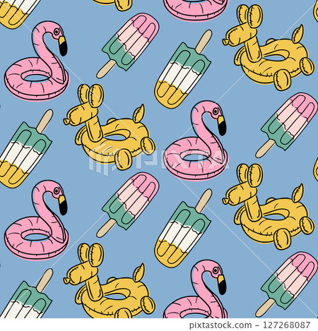 Playful summer pattern with flamingo floats Playful summer pattern with flamingo floats 127268087
