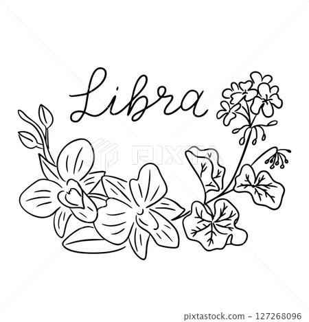 Libra zodiac illustration with floral wreath 127268096