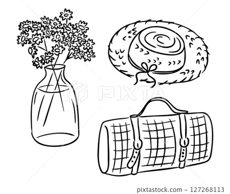 Hand drawn doodles of flower vase, straw hat 127268113