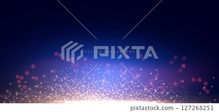 Gold lighting effect shining bokeh illustration on dark blue background. 127268251