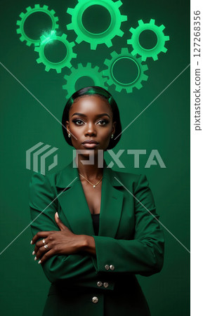 A confident Black female CEO in emerald green, arms crossed while digital gears spin above her head, symbolizing innovation, leadership 127268356