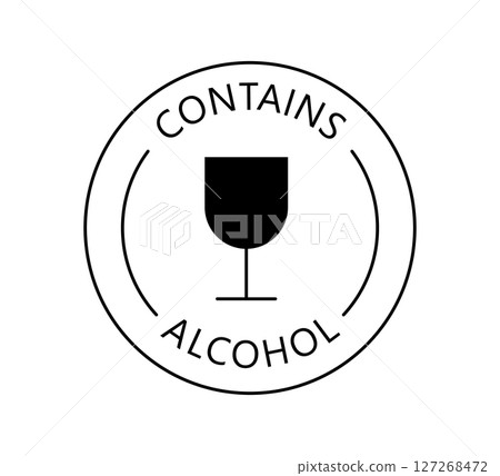 Alcohol contain icon for medication, cosmetic, food, candies. Wine glass icon. Product contains alcohol sign. Vector illustration on white background 127268472
