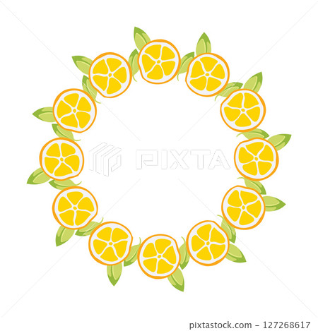 Simple yellow Lemon slice Wreath with green Leaves. Round Lemon frame. Slice of citrus and foliage. Decoration element for cards and seasonal decor, menu. Vector flat illustration. 127268617