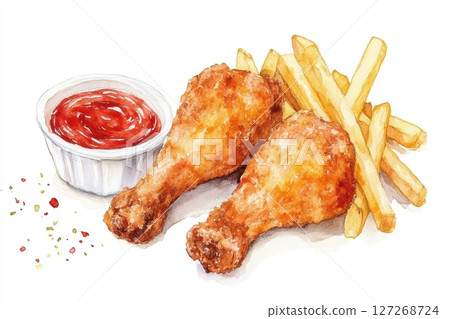 Crispy Chicken Drumsticks with French Fries and Ketchup Illustration Crispy Chicken Drumsticks with French Fries and Ketchup Illustration 127268724