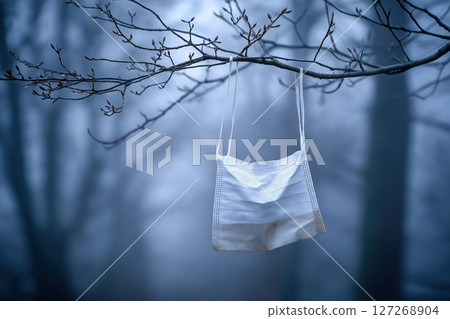 Used Disposable Face Mask Hanging on a Branch in a Foggy Forest 127268904
