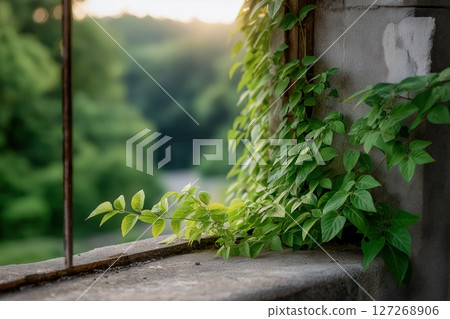 Vibrant Green Vines Cascading from Old Window Frame with Soft Sunrise Light 127268906