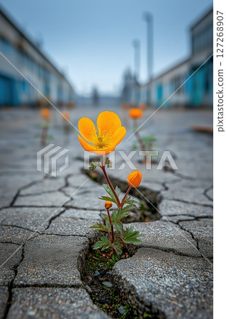 Vibrant Wildflowers Breaking Through Cracked Pavement in Urban Setting 127268907