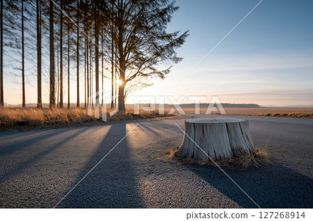 Wide Angle View of Tree Stump at Sunrise with Grass and Pine Trees in Background 127268914