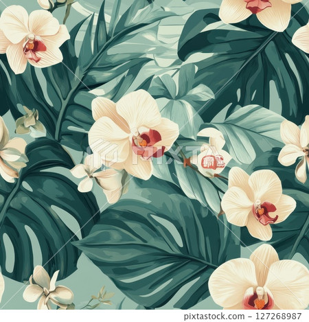 exotic tropical pattern with exotic leaves and flowers exotic tropical pattern with exotic leaves and flowers 127268987