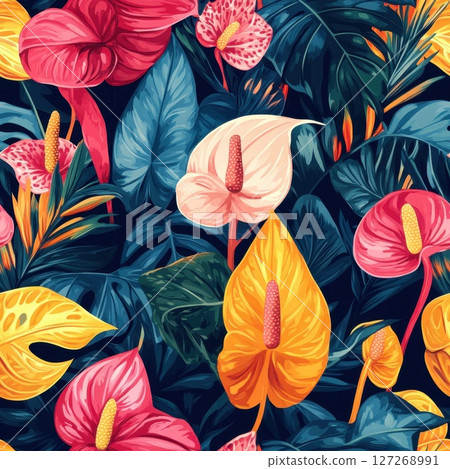 exotic tropical pattern with exotic leaves and flowers exotic tropical pattern with exotic leaves and flowers 127268991