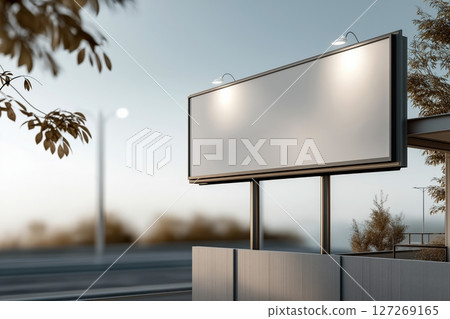 Empty Billboard on a Modern Street with Soft Ambient Lighting and Natural Backdrop 127269165