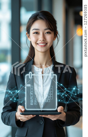 Asian woman in blazer with digital calendar floating beside, efficiency theme, isolated , 3D stylized, productivity tones, shallow depth Asian woman in blazer with digital calendar floating beside, efficiency theme, isolated , 3D stylized, productivity tones, shallow depth 127269385
