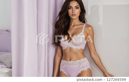 A romantic bridal lingerie set in light lavender with intricate lace and hand-stitched pearls. The bralette has delicate flower embroidery A romantic bridal lingerie set in light lavender with intricate lace and hand-stitched pearls. The bralette has delicate flower embroidery 127269399