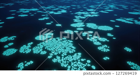 Luminous Algae Abstract Bioluminescent microorganisms creating abstract light patterns in midnight blue ocean water without visible shoreline. Long exposure technique. 127269419