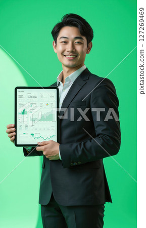 Asian male investor holding glass tablet showing ESG portfolio metrics, proud, isolated , 3D stylized, finance green tones, waist-up 127269469