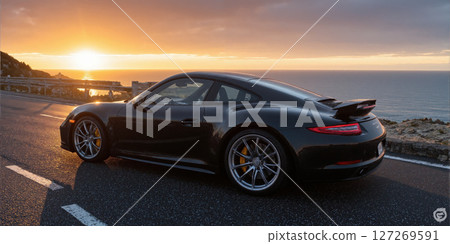 A sleek, dark sports car parked on a scenic coastal road overlooking the ocean at sunset, the warm golden light reflecting on its 127269591