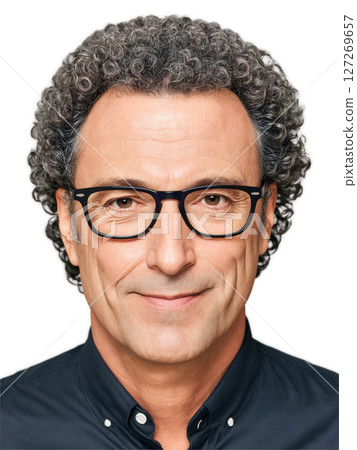 European man aged 40-50 years old, wearing casual clothes, looking happy with glasses, with curly hair and black hair. European man aged 40-50 years old, wearing casual clothes, looking happy with glasses, with curly hair and black hair. 127269657