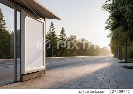 Modern Bus Stop at Sunrise Surrounded by Lush Green Trees on Quiet Urban Road 127269742