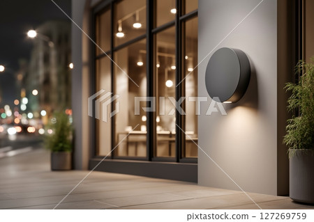 Modern Wall Lantern Illuminating a Contemporary Restaurant Exterior at Night 127269759