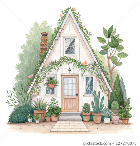 Charming Cottage with Greenery Potted Plants clipart white background 127270073