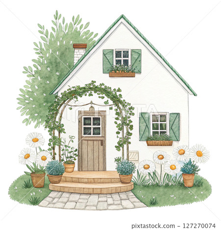 Charming Cottage with Greenery Potted Plants clipart white background 127270074