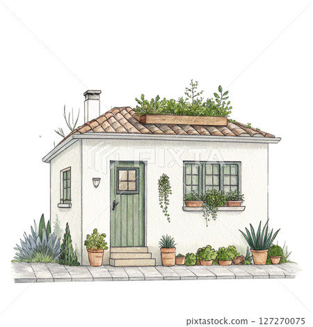 Charming Cottage with Greenery Potted Plants clipart white background 127270075