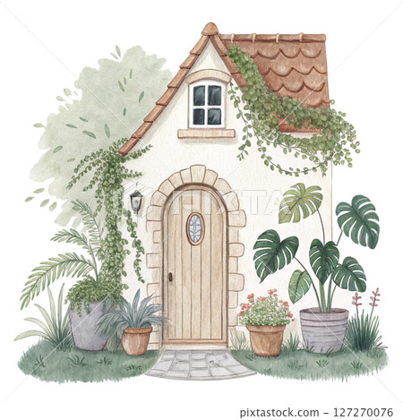 Charming Cottage with Greenery Potted Plants clipart white background 127270076