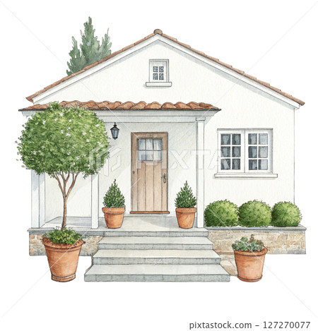 Charming Cottage with Greenery Potted Plants clipart white background 127270077