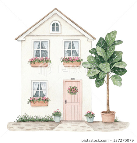 Charming Cottage with Greenery Potted Plants clipart white background 127270079
