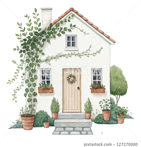 Charming Cottage with Greenery Potted Plants clipart white background 127270080