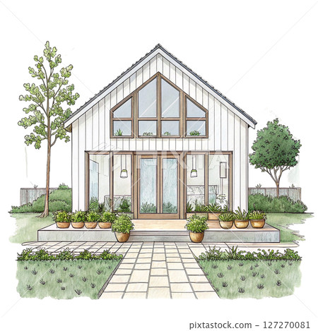 Charming Cottage with Greenery Potted Plants clipart white background 127270081