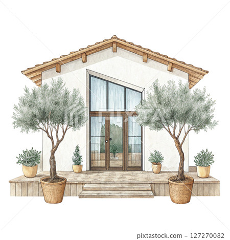 Charming Cottage with Greenery Potted Plants clipart white background 127270082