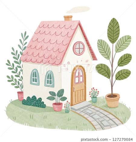 Charming Cottage with Greenery Potted Plants clipart white background 127270084
