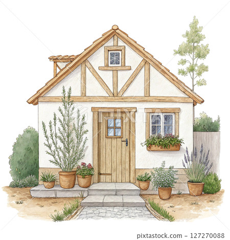 Charming Cottage with Greenery Potted Plants clipart white background 127270088
