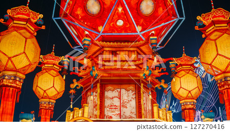 Beijing, China. Palace Lantern Reunion. On Chinese Lantern Festival, People Will Hang Red Lantern, Which Symbolizes Family Reunion. Zigong Lantern Festival In Beijing. Festival In Beijing Garden Expo Beijing, China. Palace Lantern Reunion. On Chinese Lantern Festival, People Will Hang Red Lantern, Which Symbolizes Family Reunion. Zigong Lantern Festival In Beijing. Festival In Beijing Garden Expo 127270416