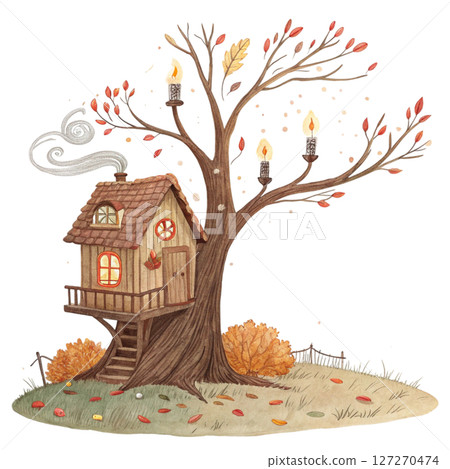 Quirky Autumn House Clipart Watercolor white background 127270474
