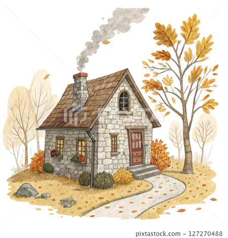 Quirky Autumn House Clipart Watercolor white background 127270488