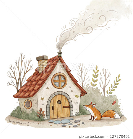 Quirky Autumn House Clipart Watercolor white background 127270491