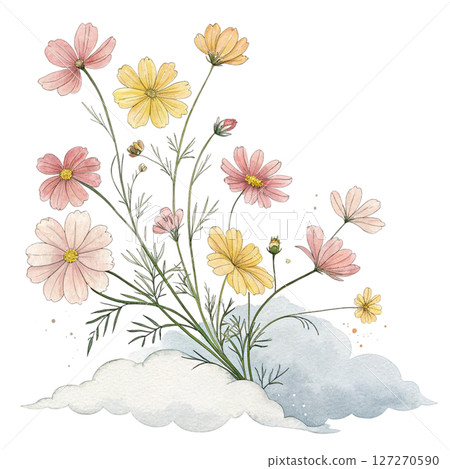 Summer Flowers Placed on a Cloud Clipart Watercolor white background 127270590