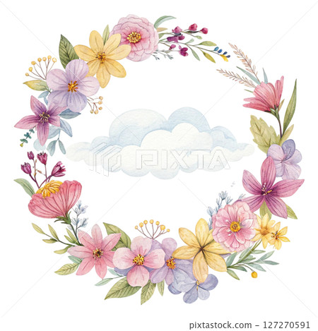 Summer Flowers Placed on a Cloud Clipart Watercolor white background 127270591
