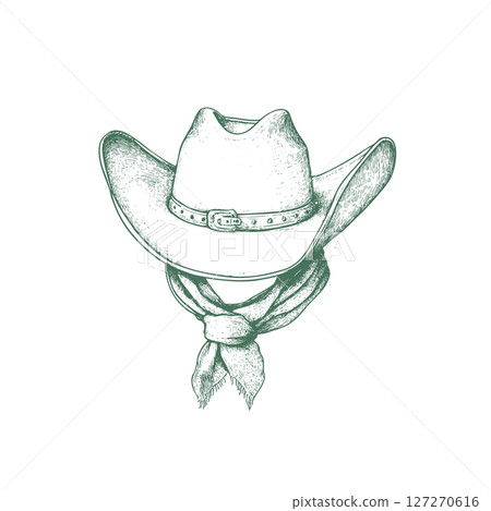 Western cowboy hat with scarf in vintage ink sketch style, isolated on white. Rodeo Wild West theme. 127270616