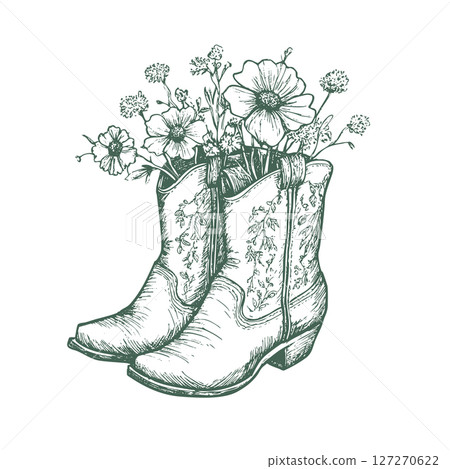 Cowgirl boots with wildflower bouquet. Vintage western footwear ink sketch vector clipart. 127270622