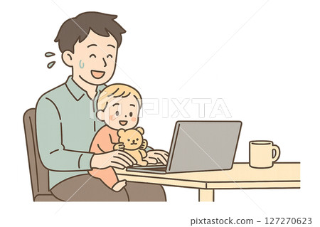 一位父親遠距辦公,一邊工作,一邊把孩子抱在懷裡 一位父親遠距辦公,一邊工作,一邊把孩子抱在懷裡 127270623
