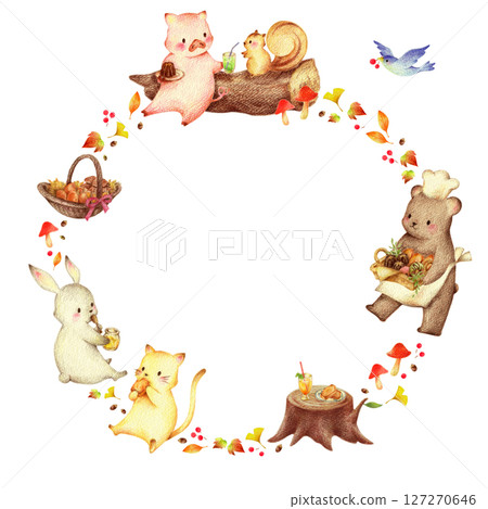 Background of autumn leaves, animals eating sweets, and a bear shop assistant. Hand-drawn colored pencil drawing 127270646