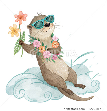 Cute Sea Animals in Hawaiian Outfits on a Cloud  Sunglasses  Summer Flowers white background 127270710
