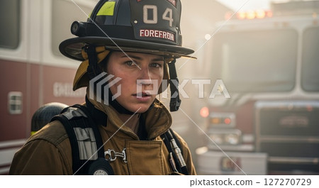 Female Firefighter in Protective Gear Standing Near Fire Truck in Misty Conditions 127270729