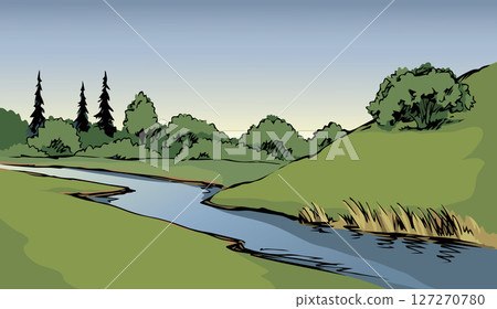 Vector drawing. Summer river scene 127270780
