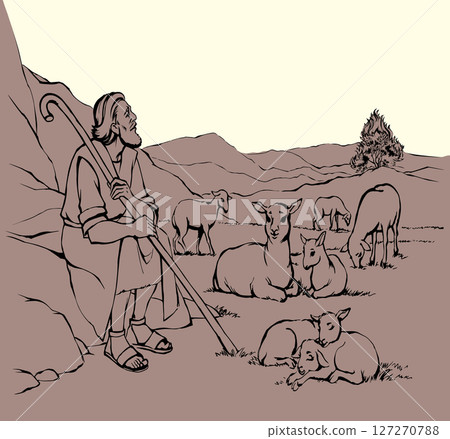 Vector drawing. Shepherd with sheep. Moses look at flaming bush 127270788