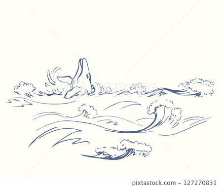 Vector drawing. Whale swims in the sea 127270831